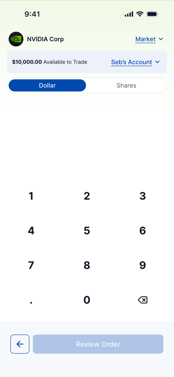 Trade amount keypad showing $10,000